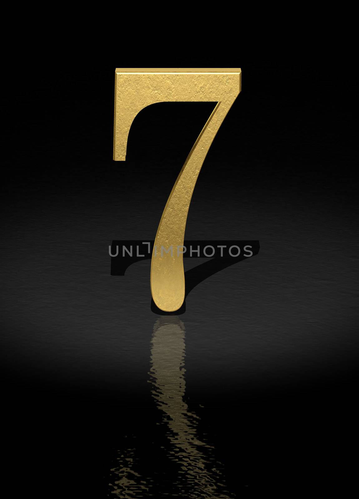 7 Gold Number on black background - 3d image