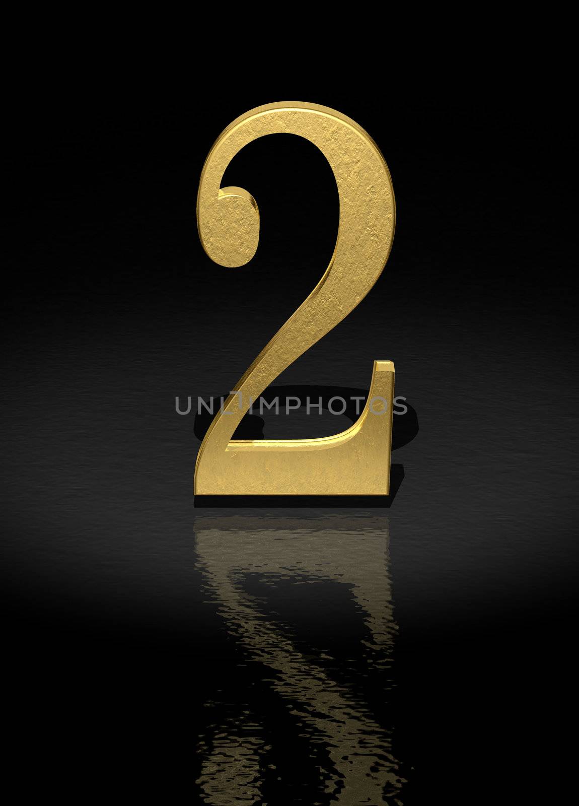 2 Gold Number on black background - 3d image