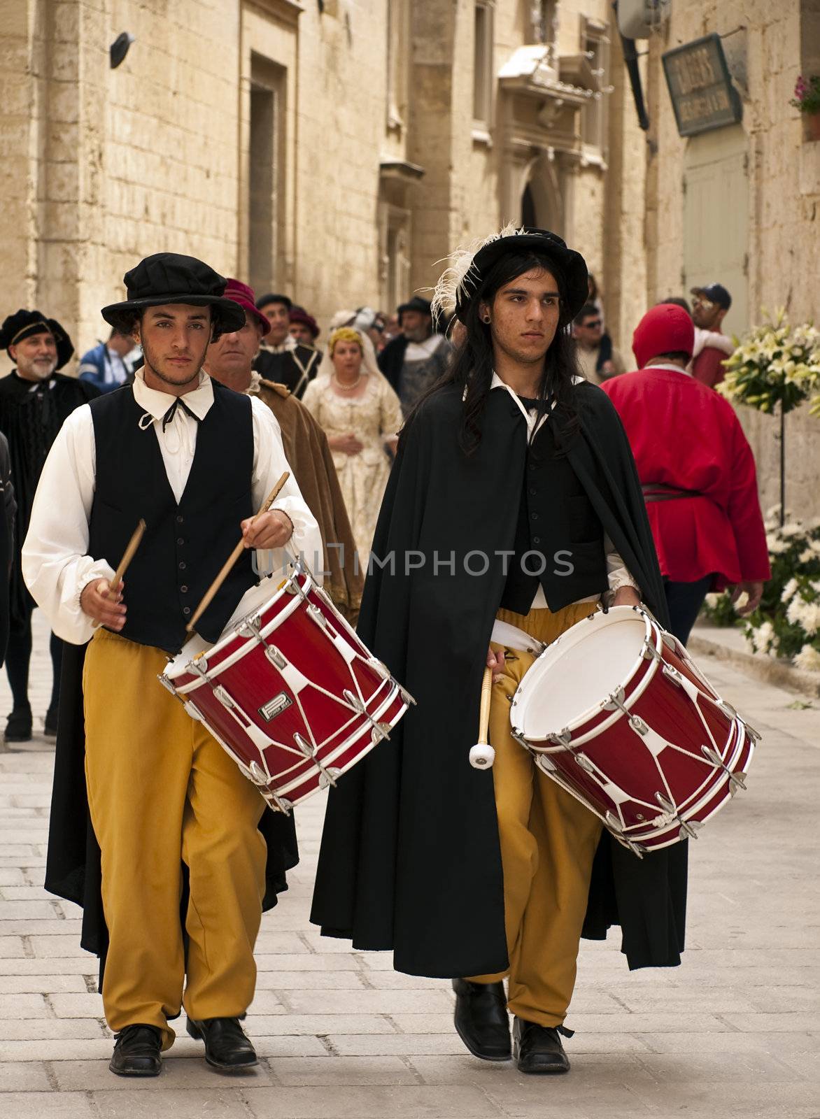 MDINA, MALTA - APR19 -  Street drummers during medieval reenactment in the old city of Mdina in Malta April 19, 2009