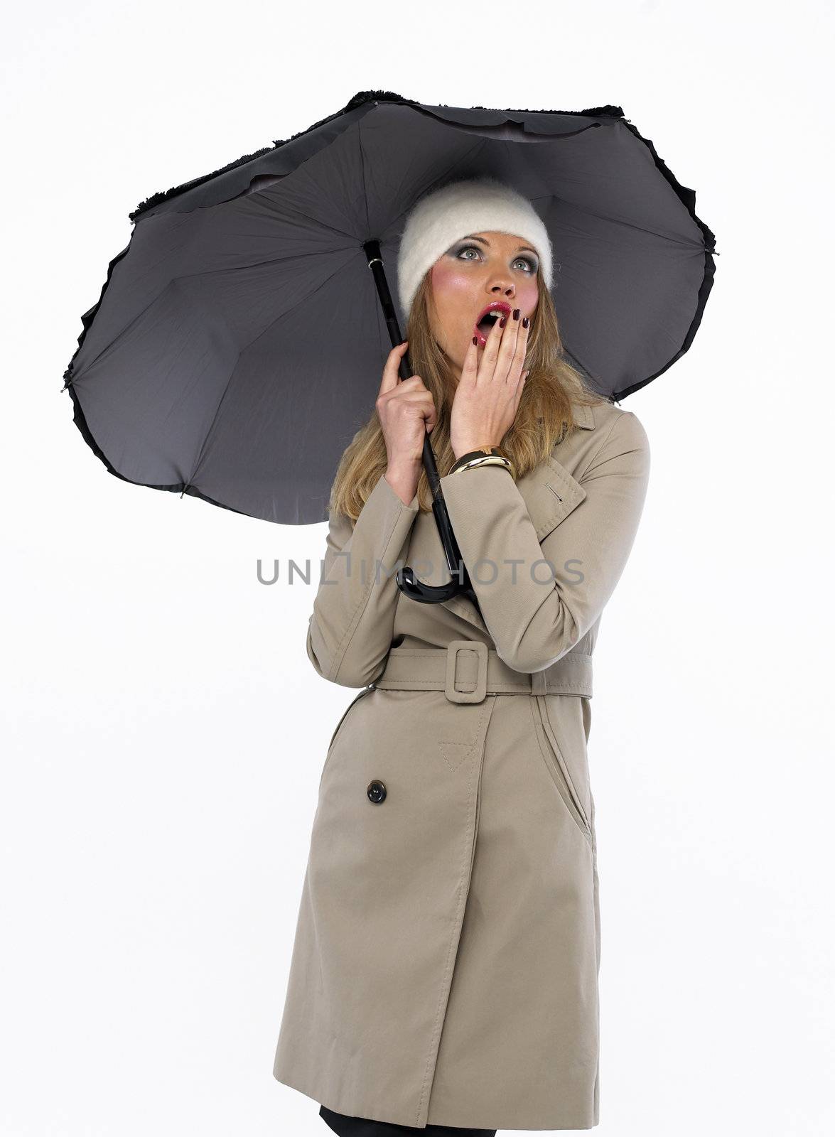 Beautiful blond girl with black umbrella