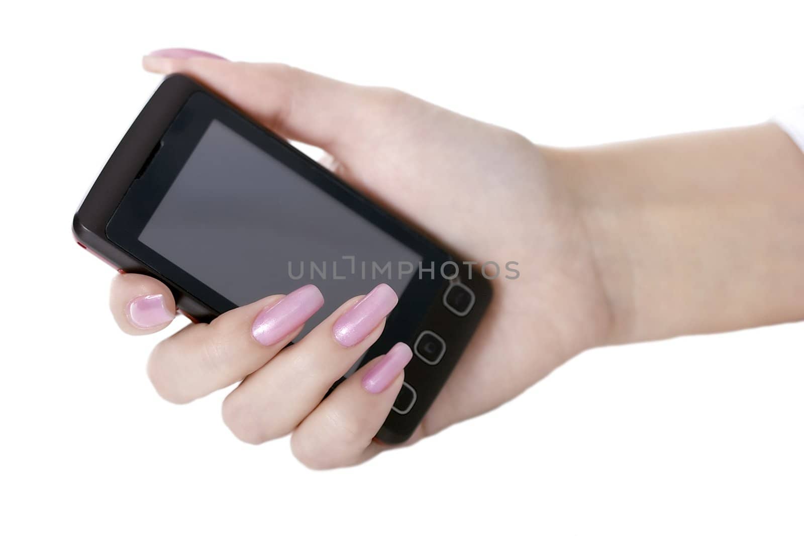 The female hand holds a mobile phone