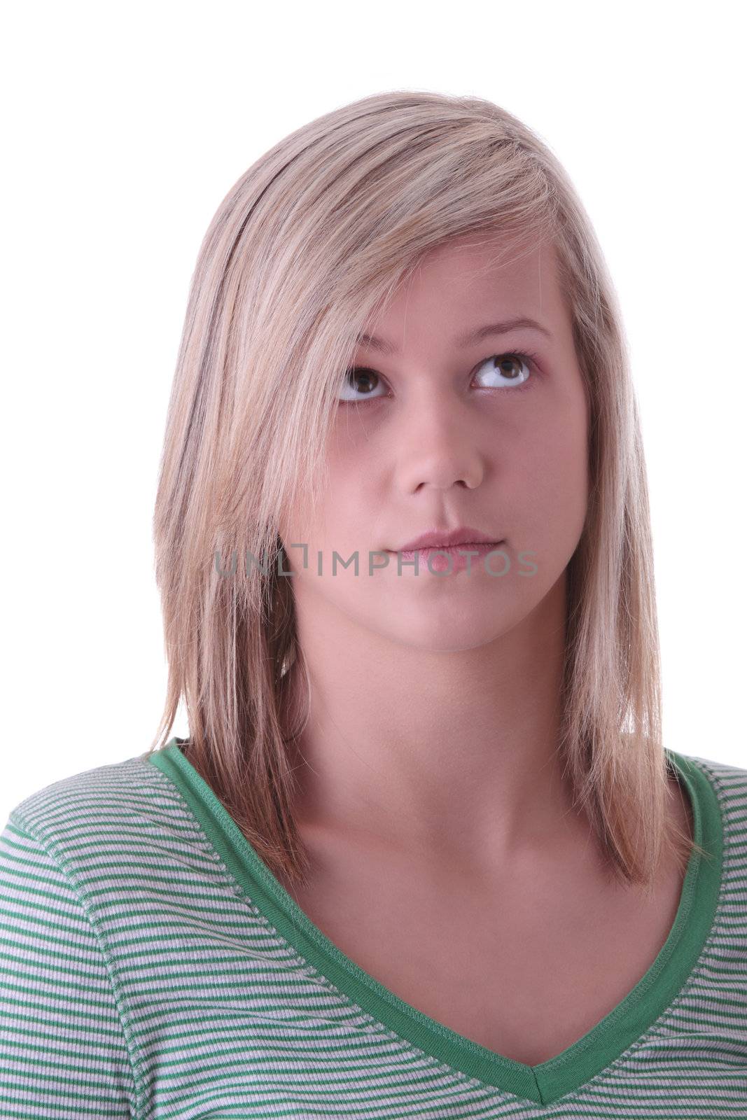 Teen blonde girl (student) portrait isolated on white background