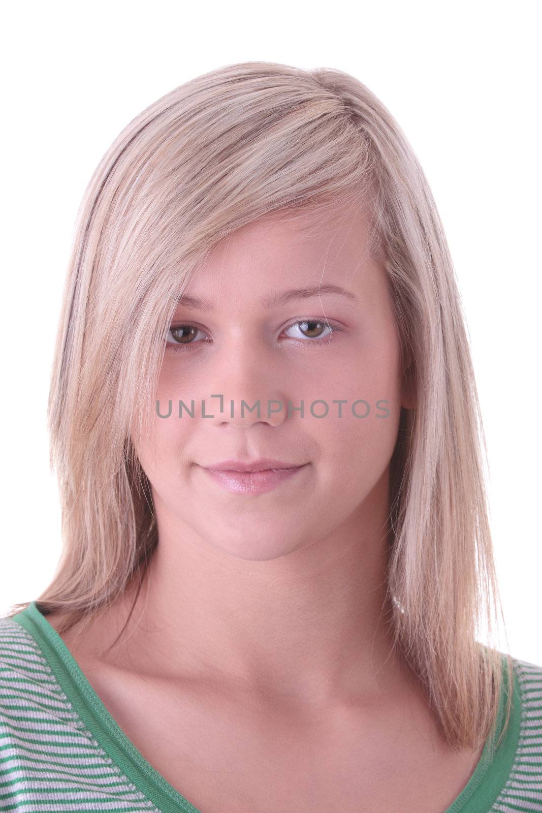 Teen blonde girl (student) portrait isolated on white background