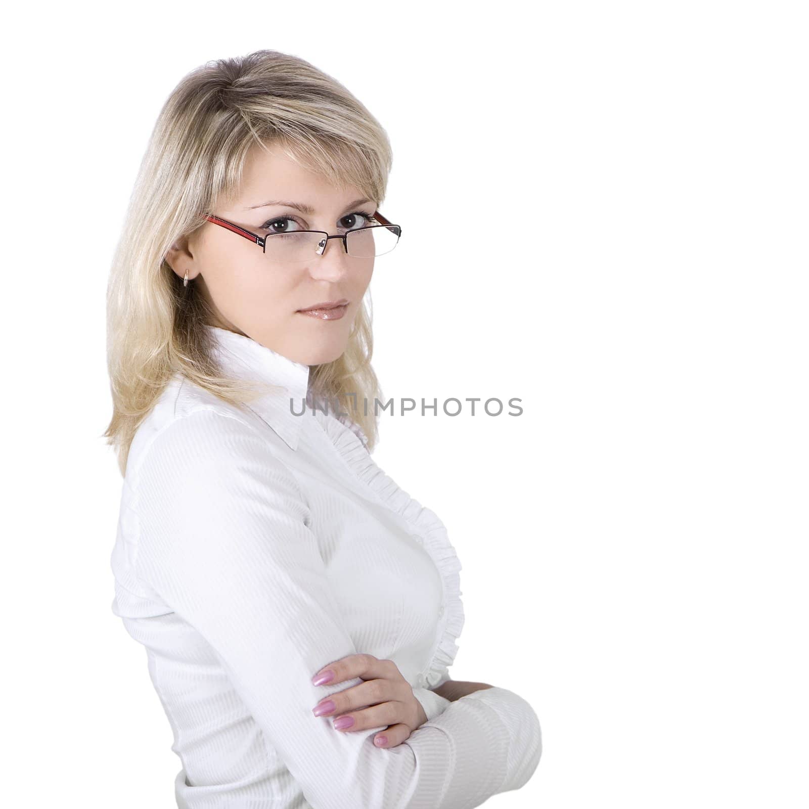 The business young woman in eyeglasses on a white background