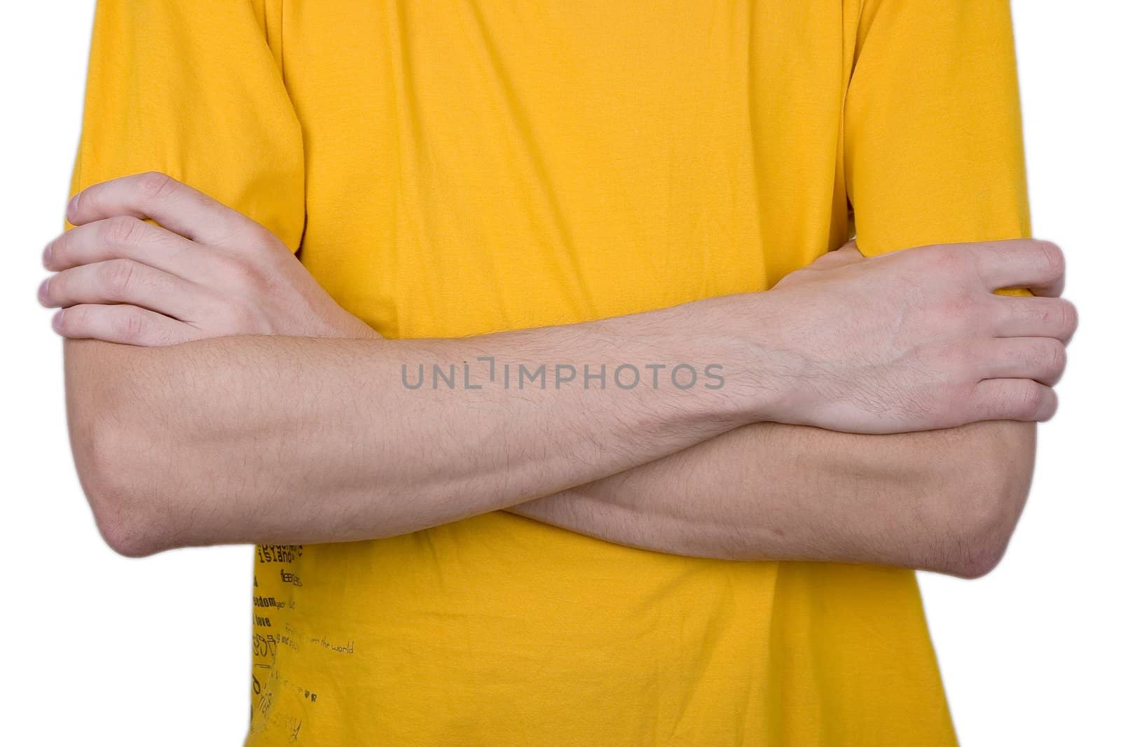 Man's torso with the crossed hands on a white background