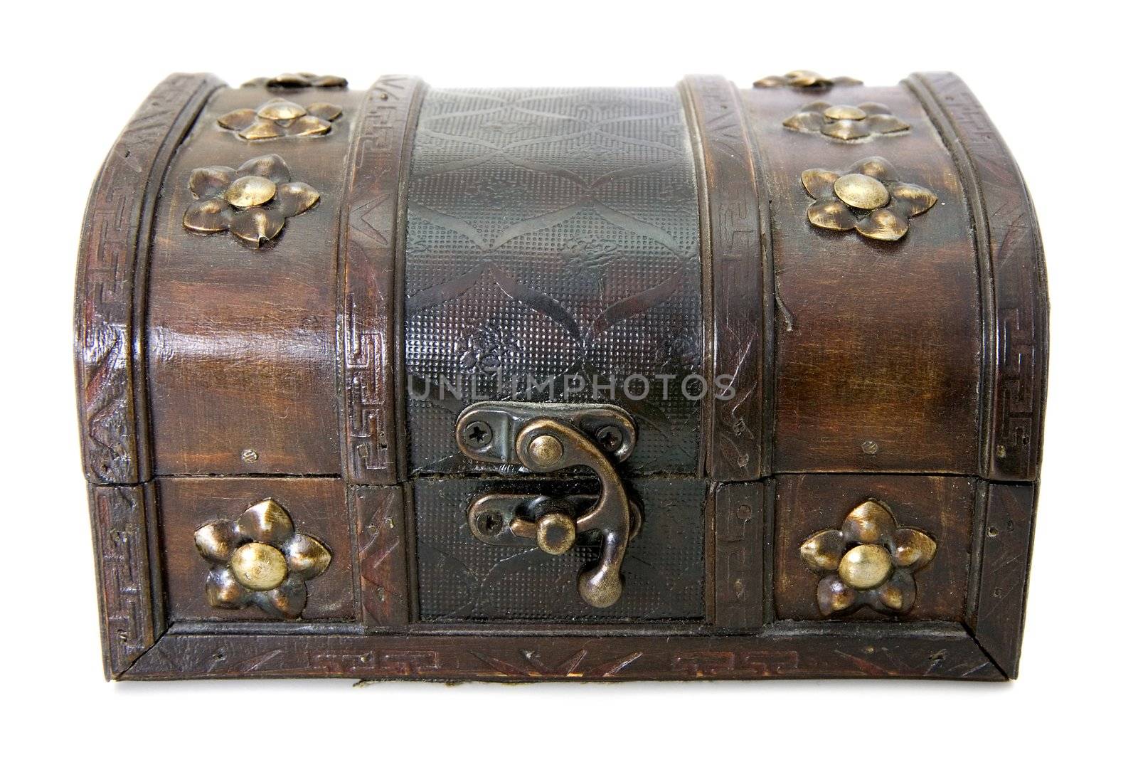 The closed wooden casket on a white background