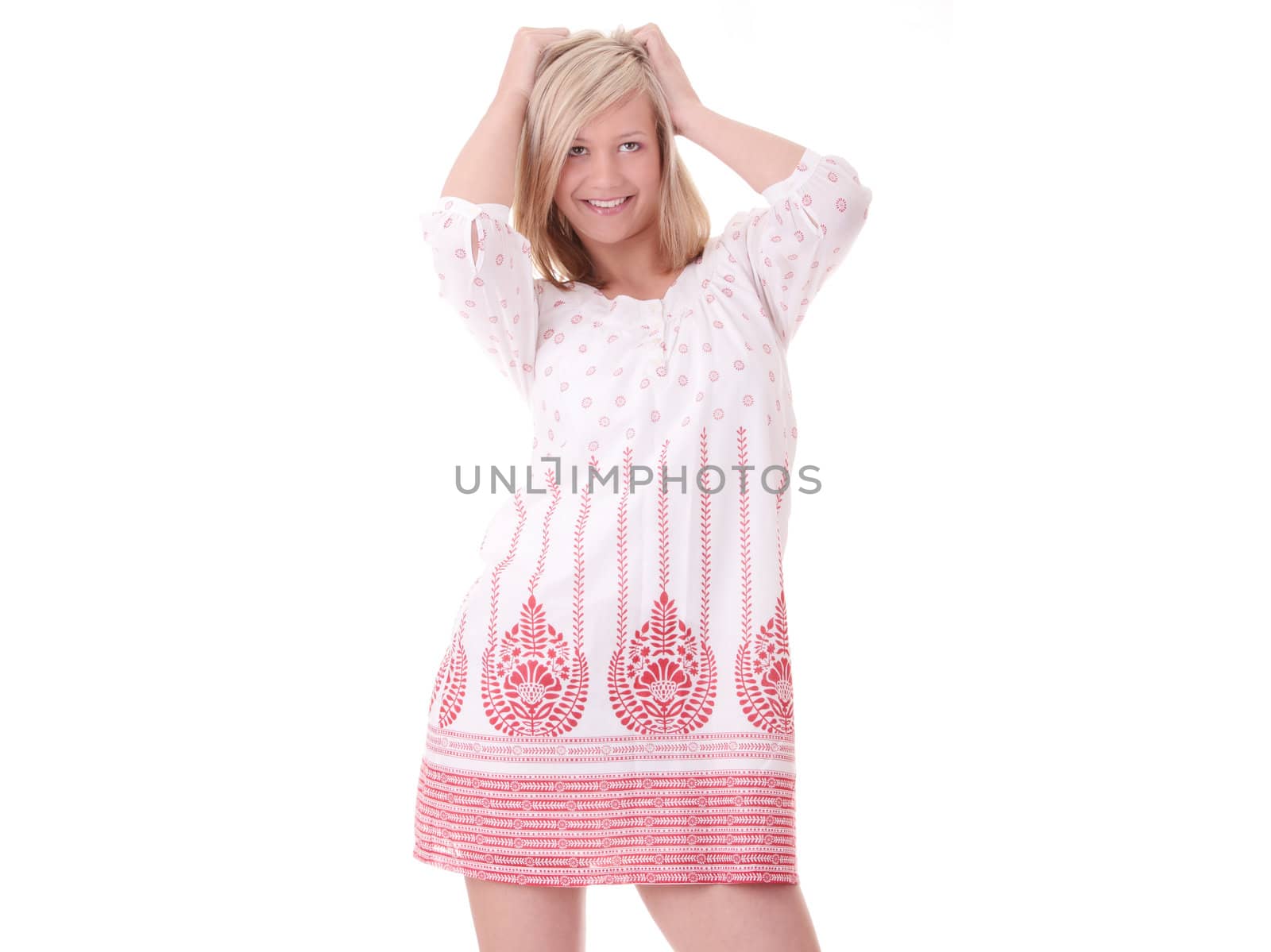 Young female in summer dress isolated on white background