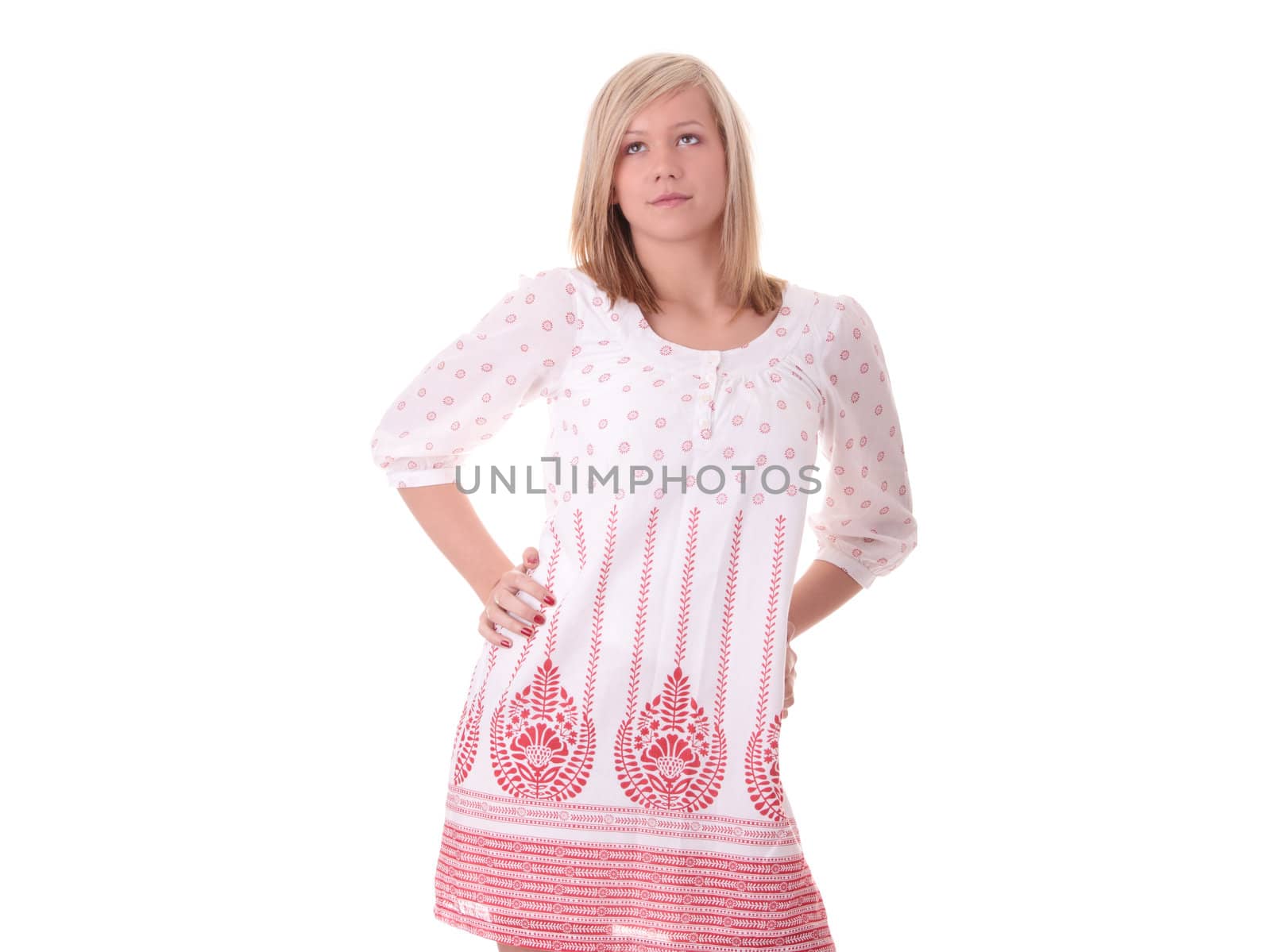 Young female in summer dress isolated on white background