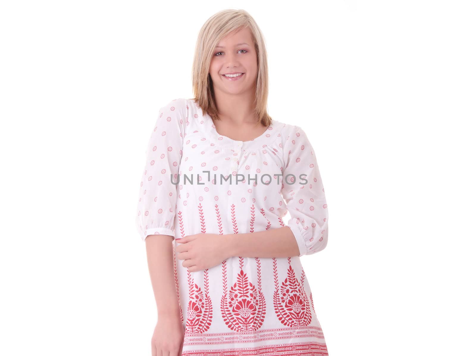 Young female in summer dress isolated on white background