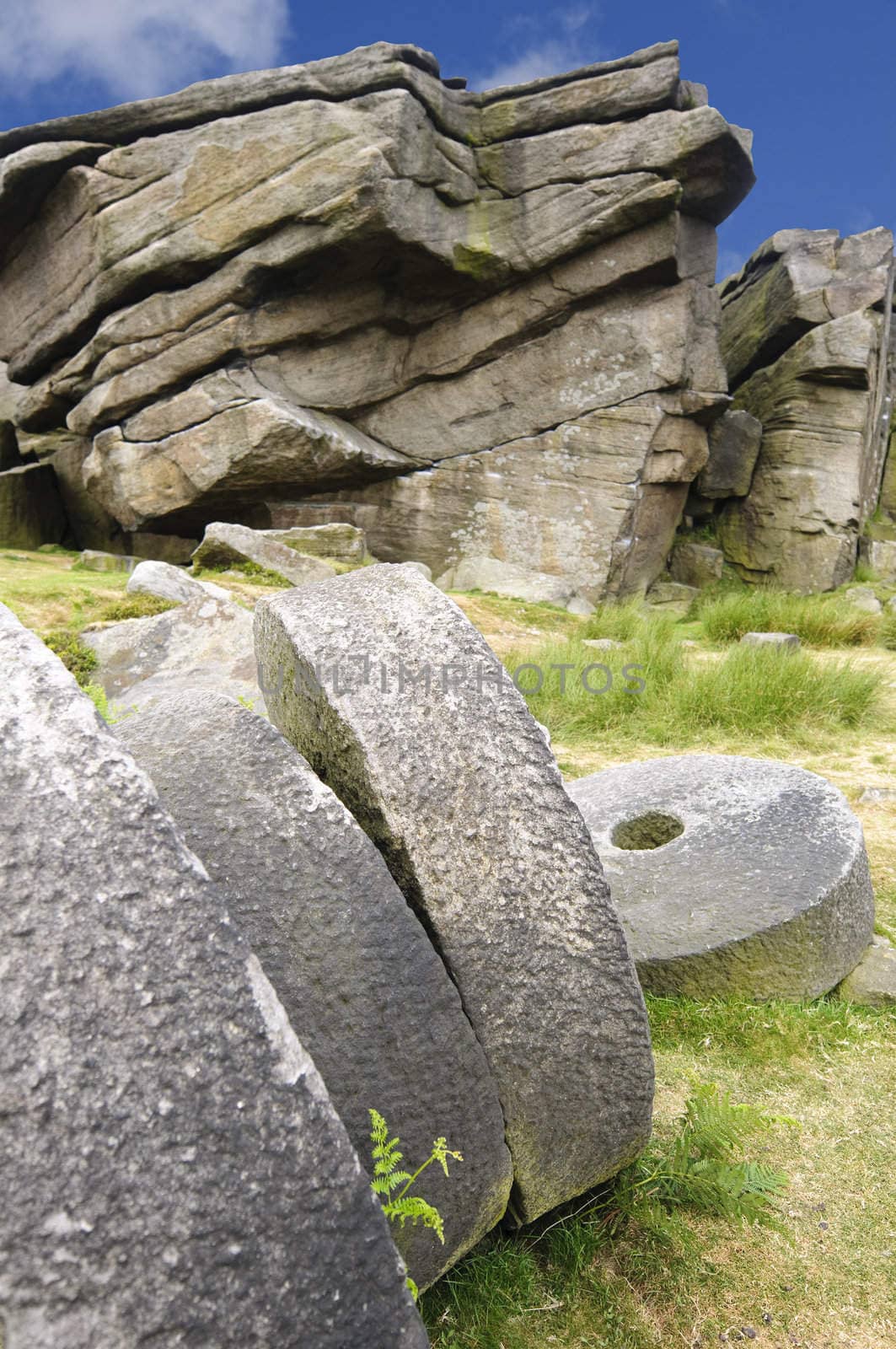 View from Stanage Edge on Hathersage Moor in Peak District National Park Derbyshire England