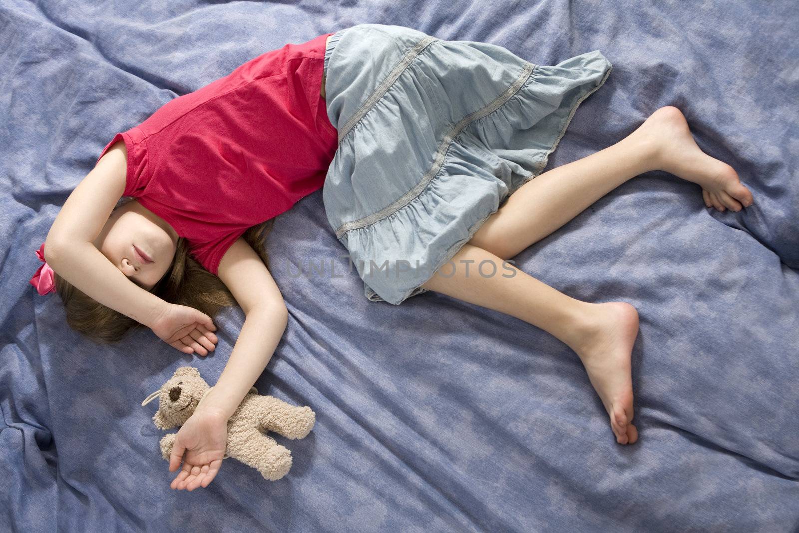 little sleeping girl in bow with teddy-bear by elenarostunova
