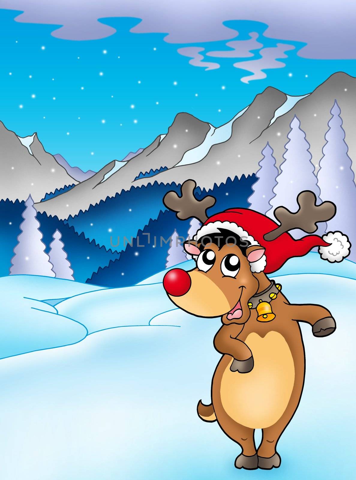 Christmas theme with happy reindeer - color illustration.
