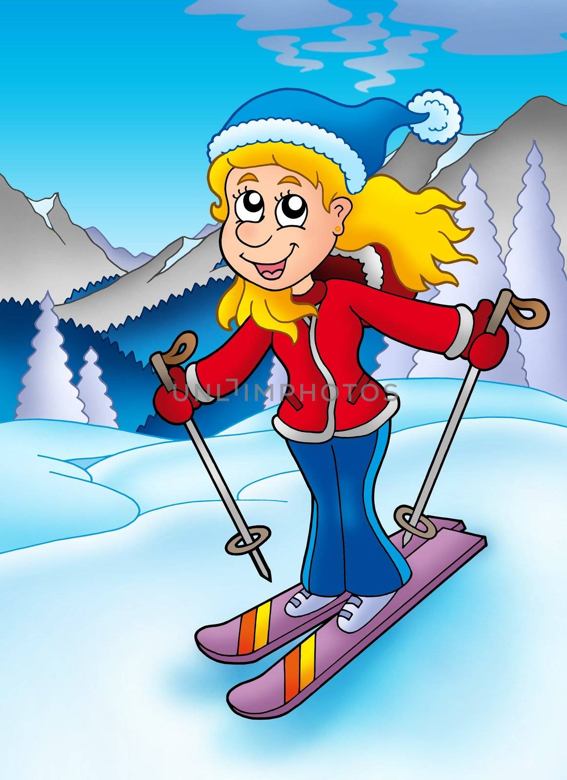 Skiing woman in mountains - color illustration.