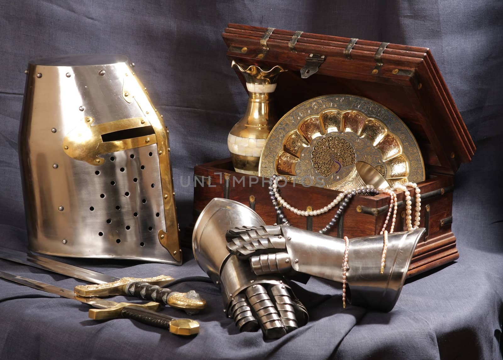 Still-life with an armour, the weapon and treasures