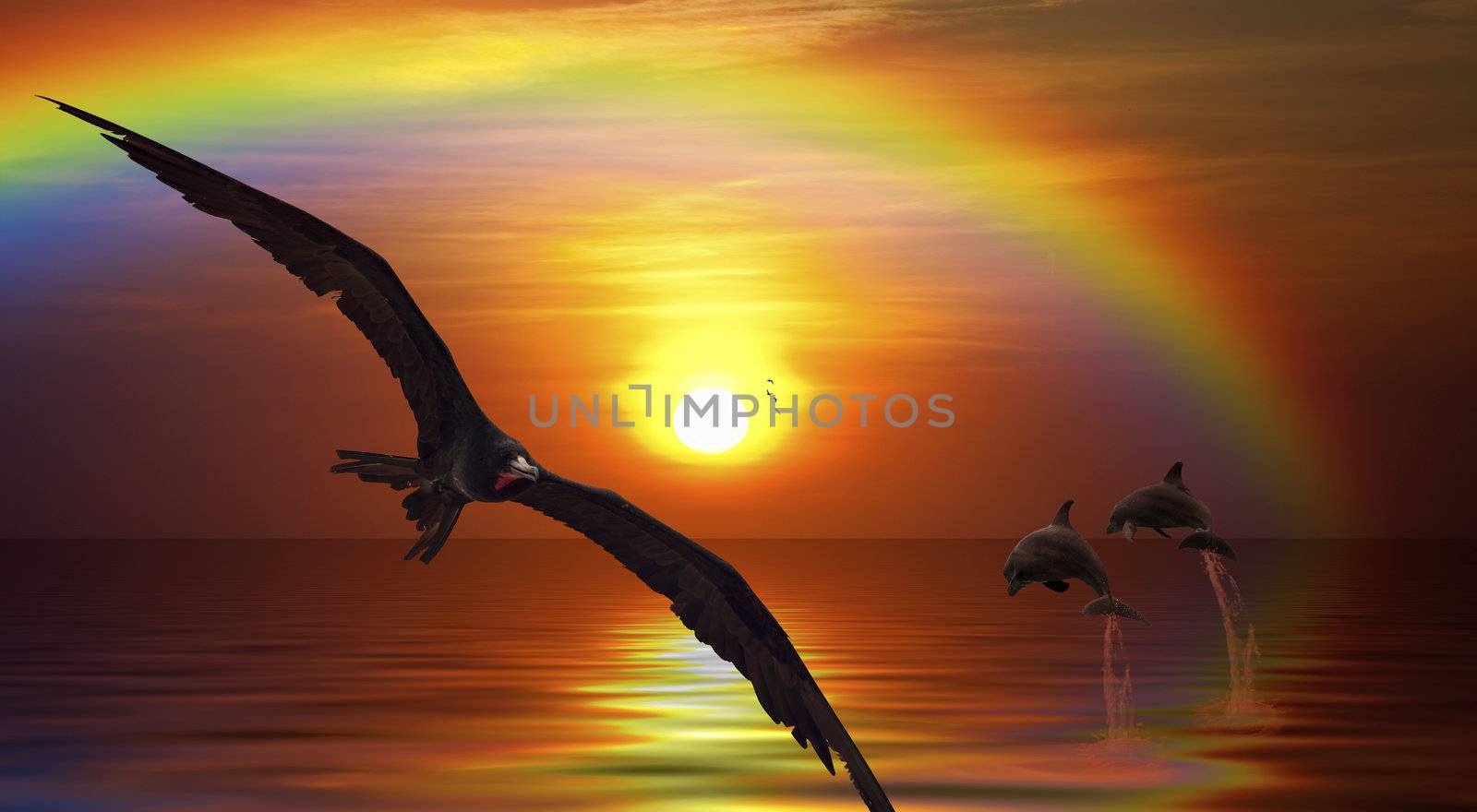 Fantasy picture of a bird flying, and dolphins jumping in the sunset
