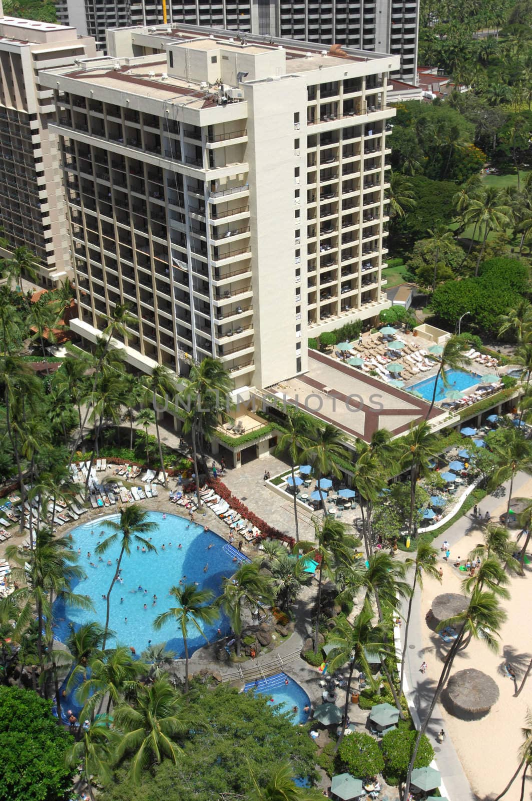 Looking down at hotels in Waikiki Beach, Honolulu, Hawaii.