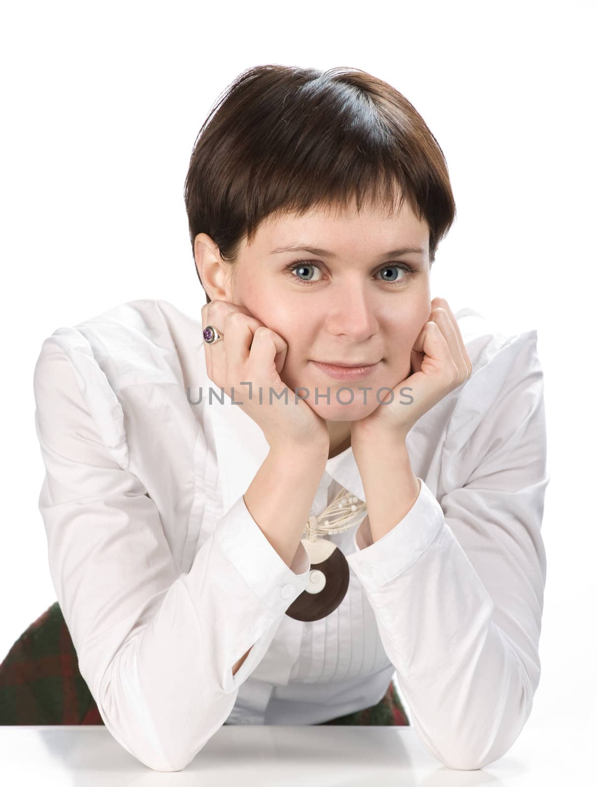 Portrait of young woman on white background