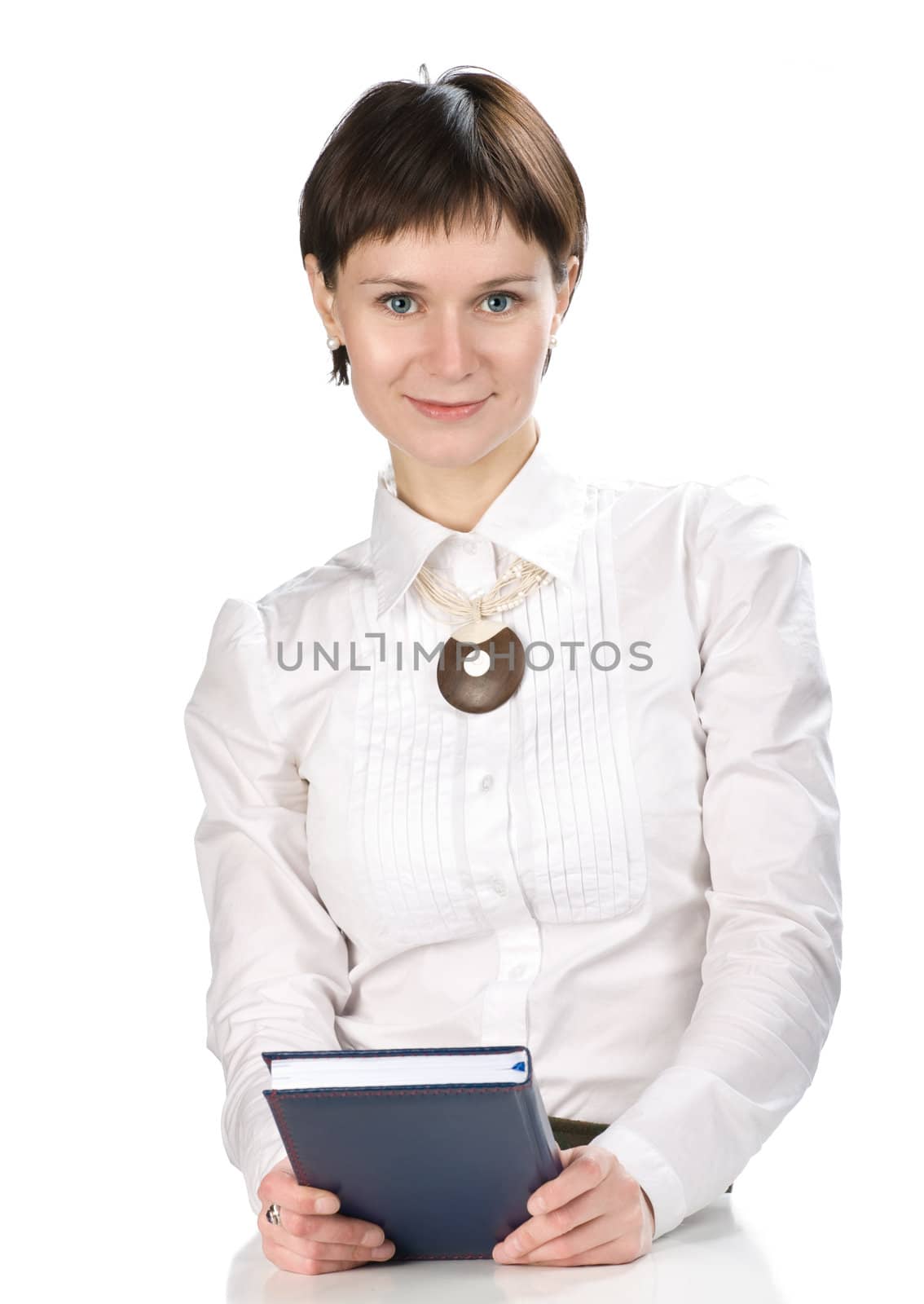 Young women with book on white background