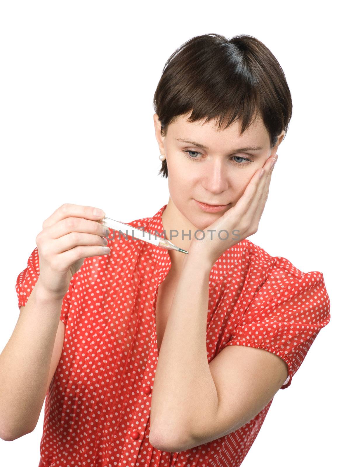 Young women with thermometer on white background