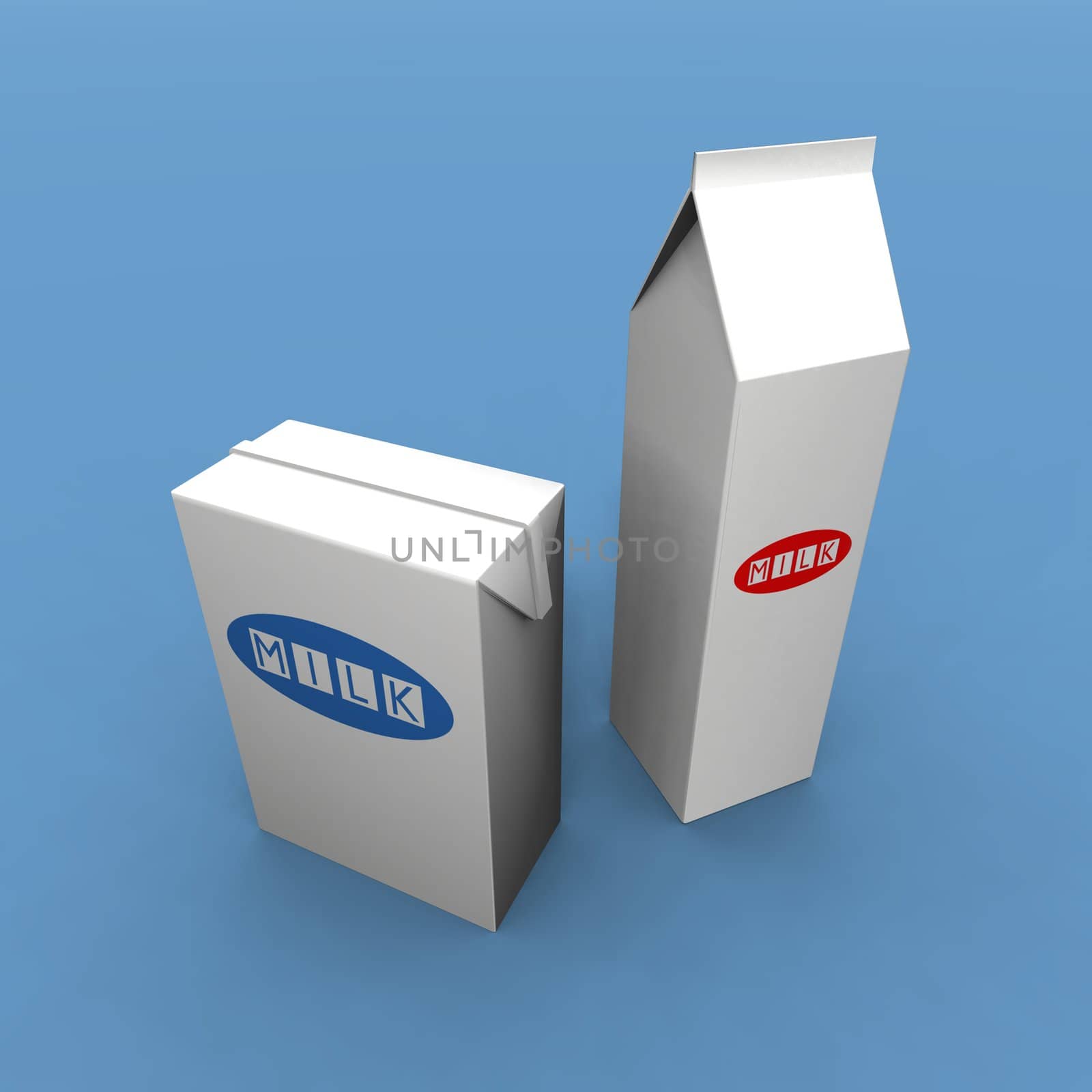 a 3d render of two milk packs on a blue background