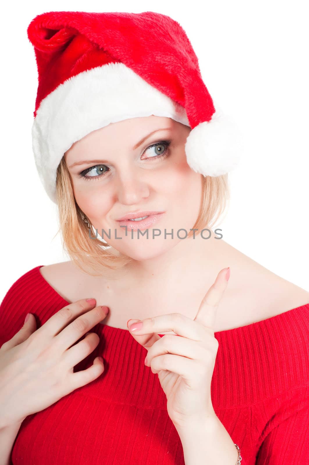 Portrait of beautiful woman santa isolated on white