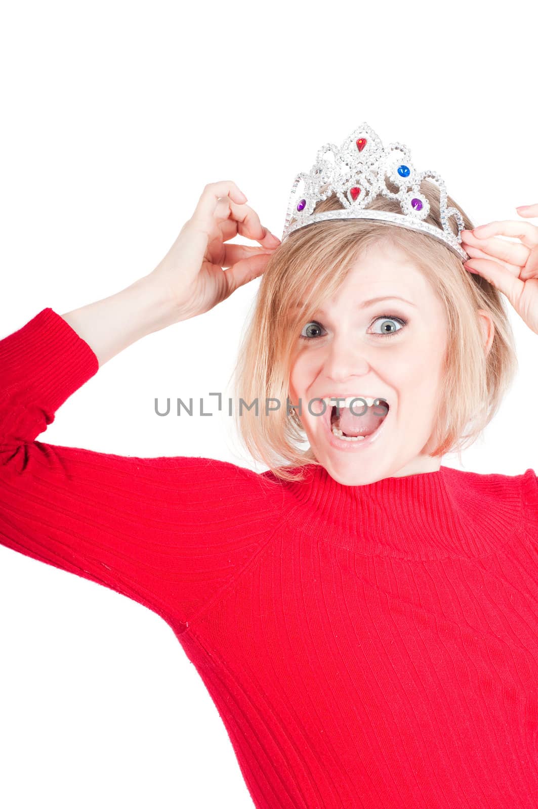 Portrait of beautiful woman with crown isolated on white