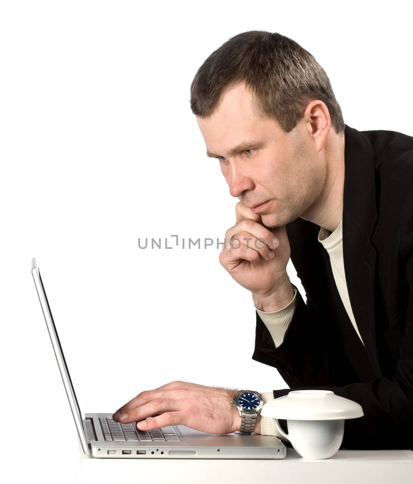 Portrait of man with laptop on white background