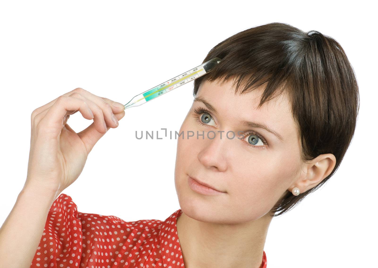 Young women with thermometer on white background