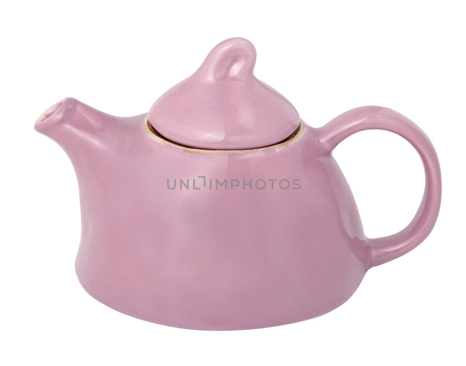Pink ceramic teapot on white background. With clipping path.