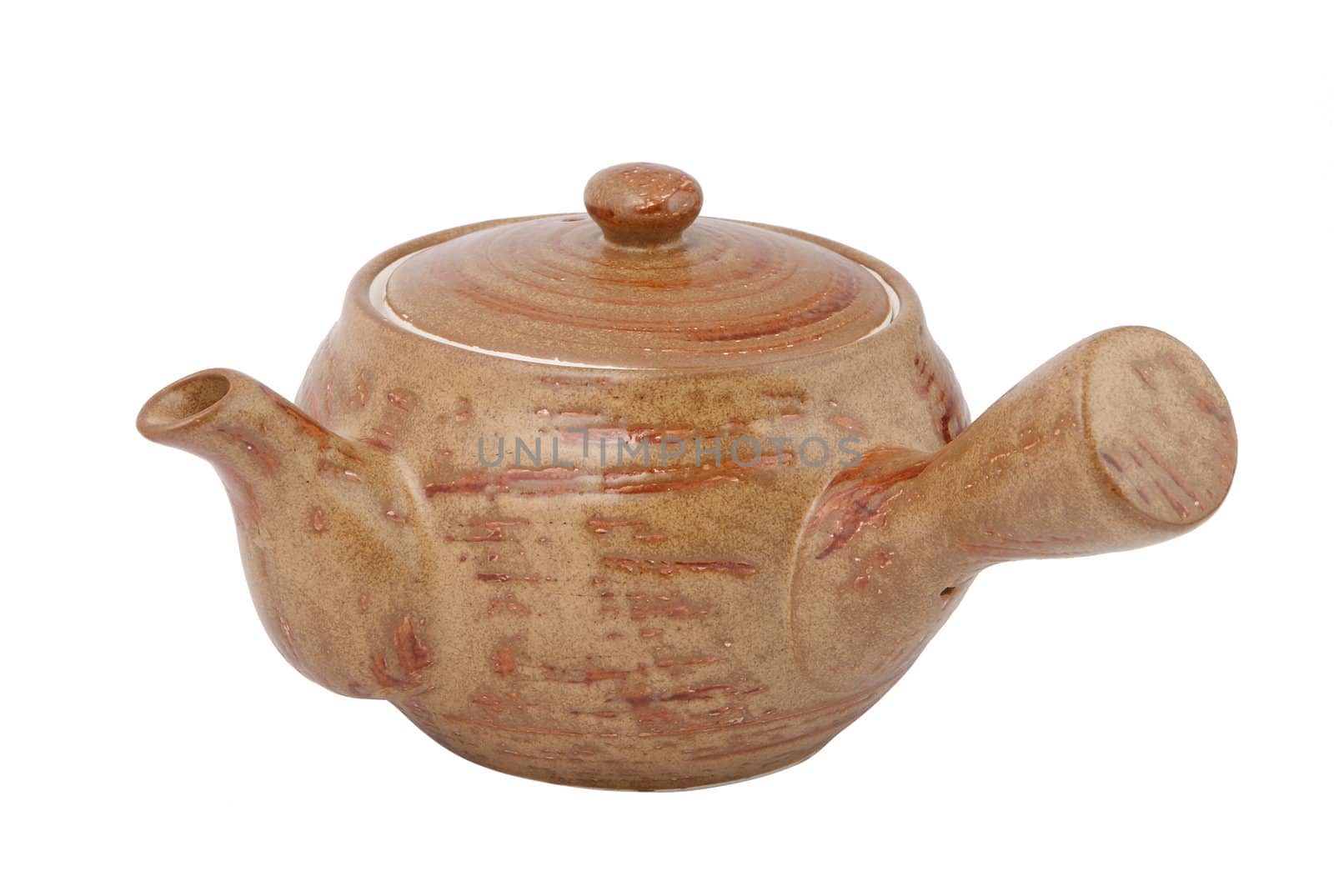 Brown ceramic teapot on white background. With clipping path.
