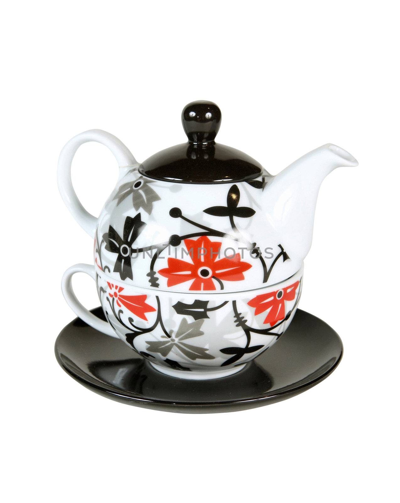 Ornate ceramic teapot with cup set. With clipping path.