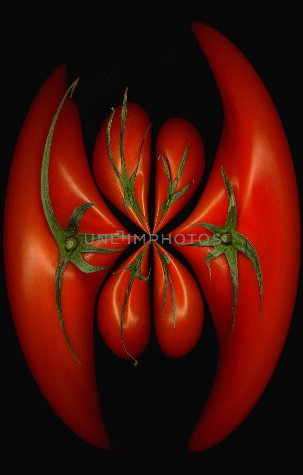 fresh tomatoes on black background round distortion effect