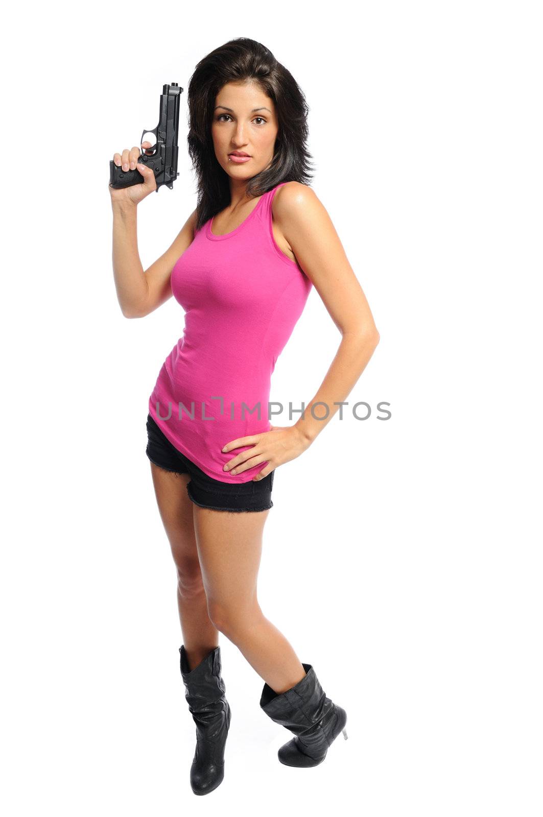 attractive young hispanic woman on a white back ground holding a pistol