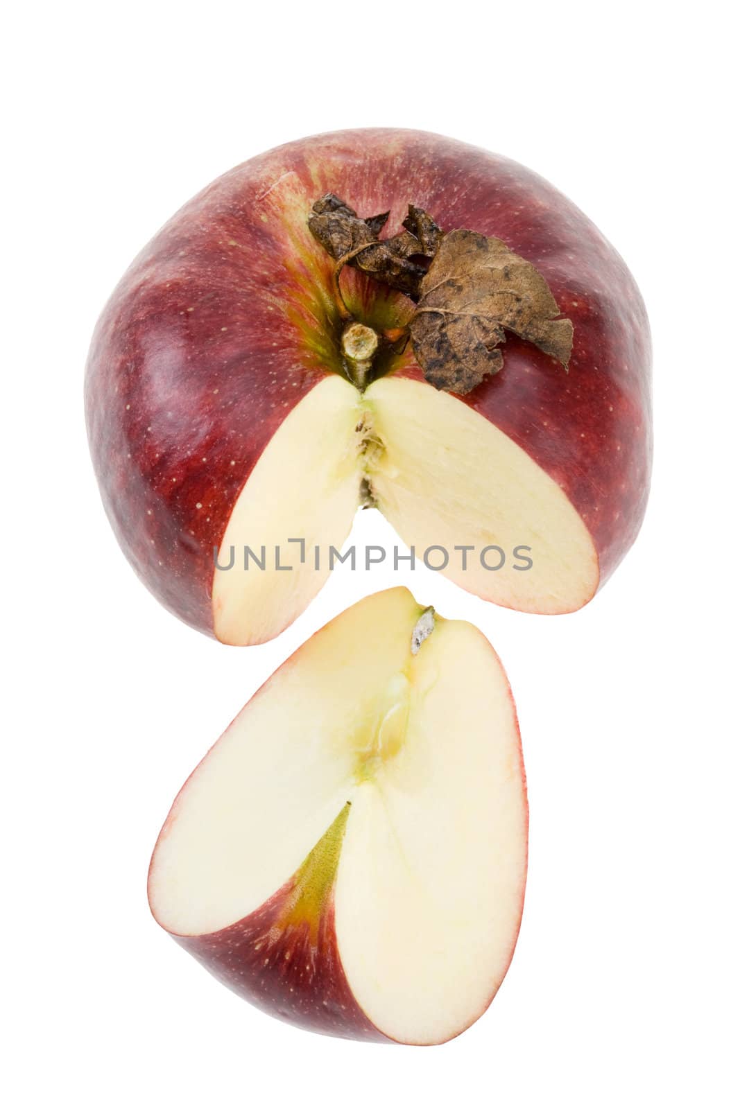 Red apple with dry leaf isolated. Clipping path