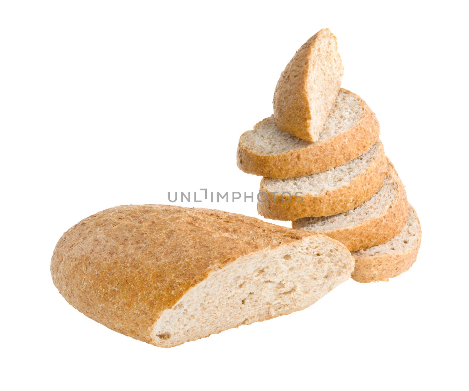 Cuted wheat bread isolated on white. Clipping path