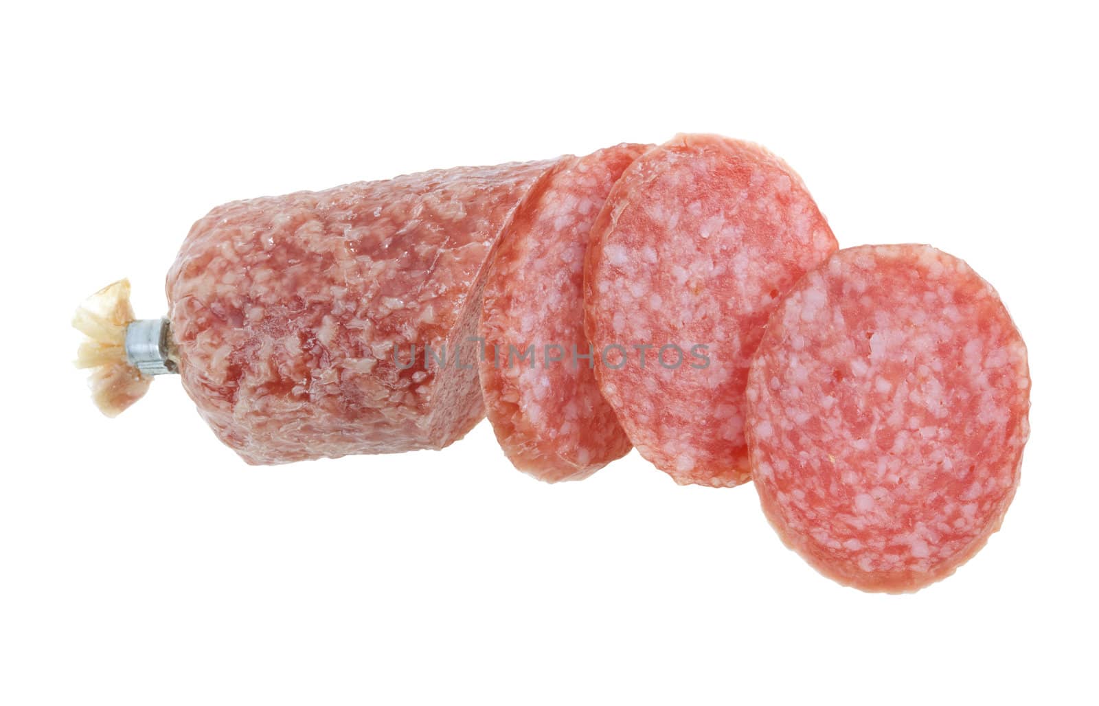 Cut salami isolated on white. Clipping path