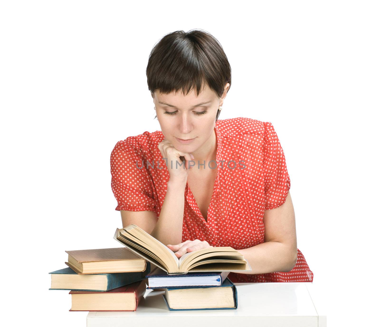 Young women read book on white background