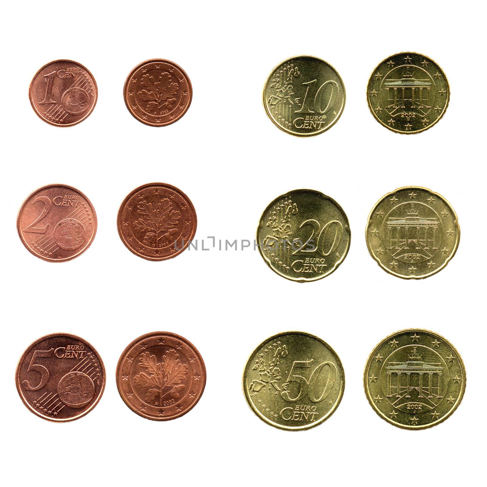 Full range of Euro coins isolated on white