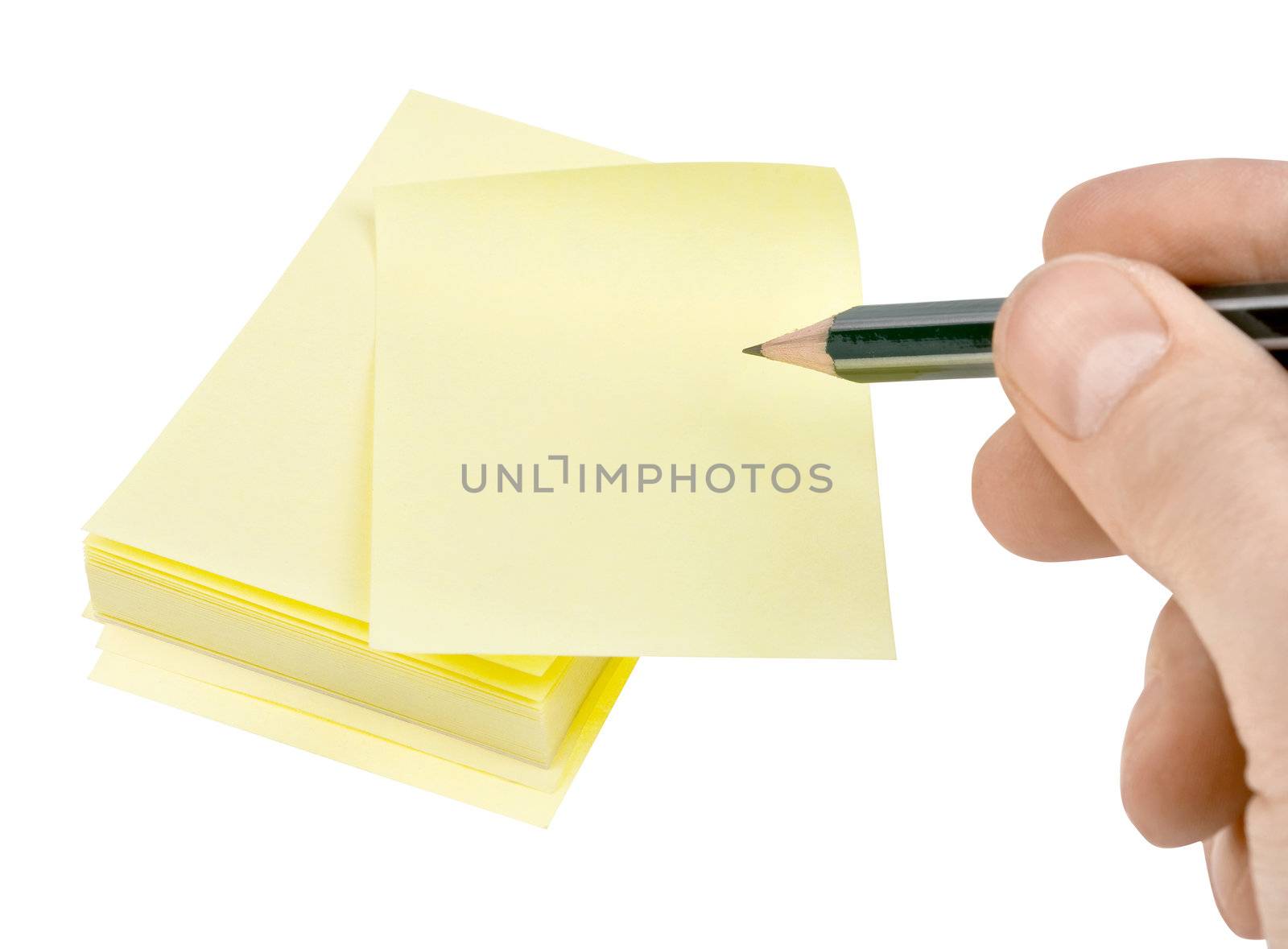 Human hand with pencil write on yellow memories sticker. Clipping path.