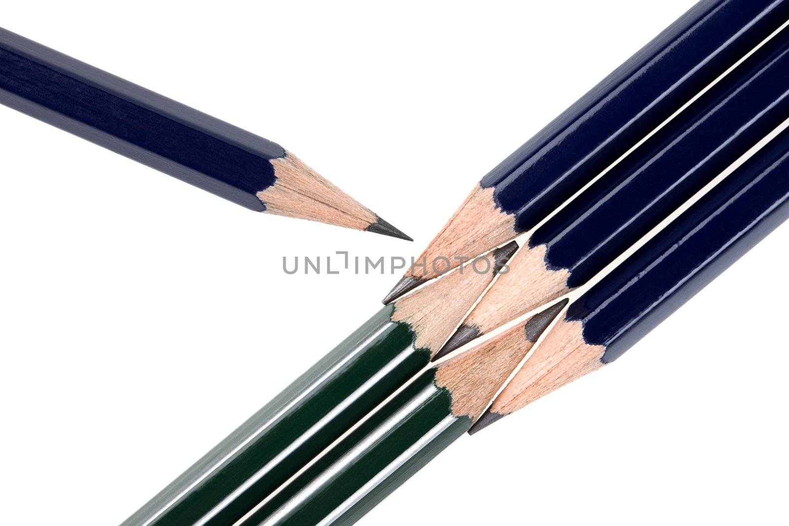 Kit of green and blue pencils on white background