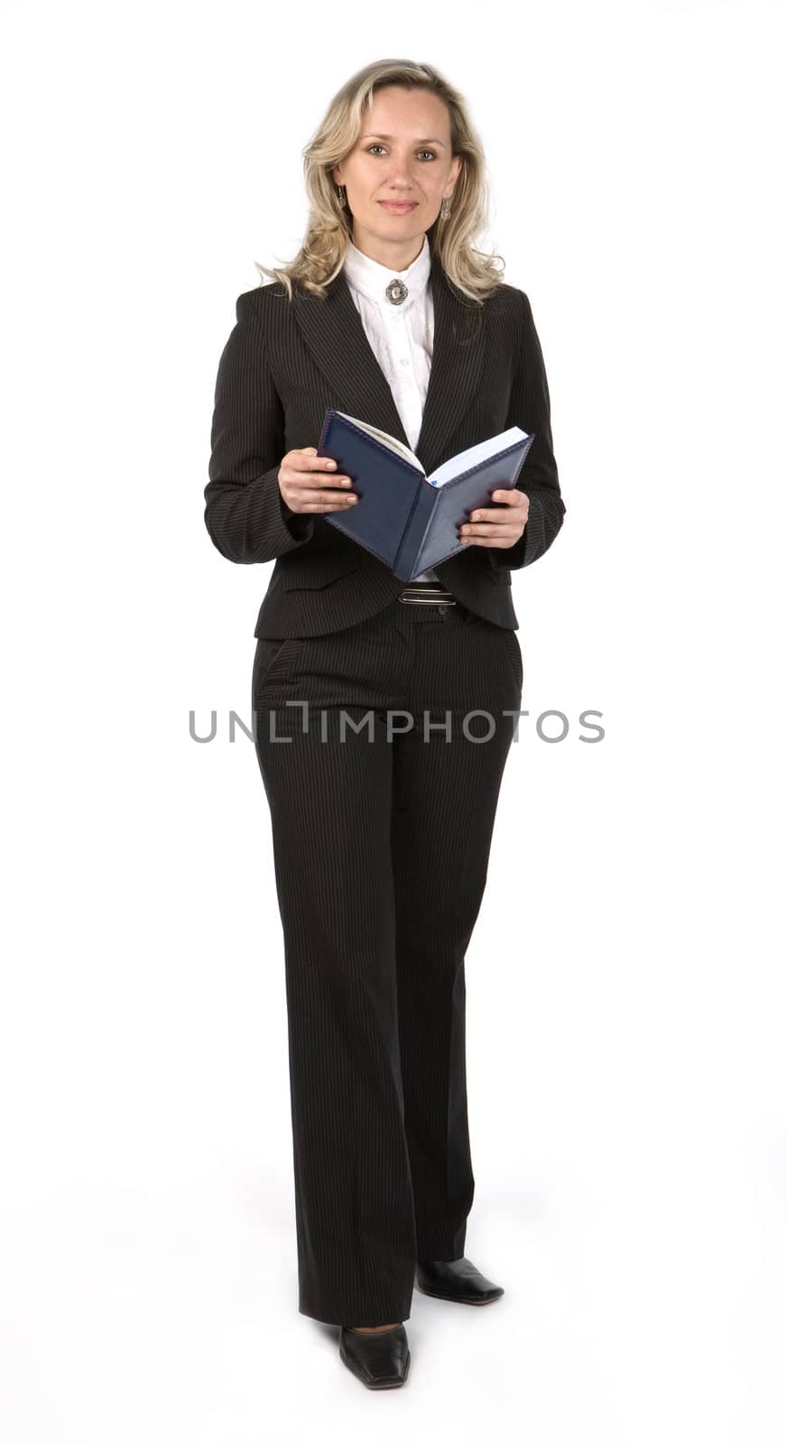 Businesswoman with book holding in hand on white background