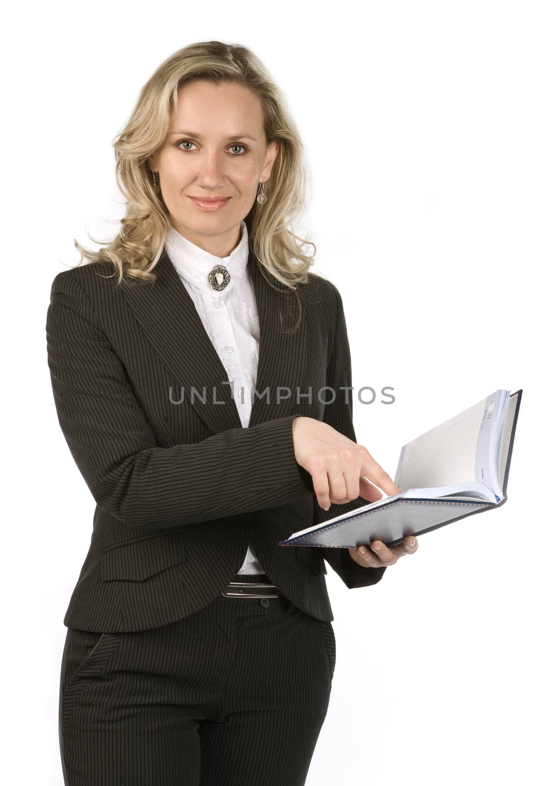 Businesswoman with book holding in hand on white background