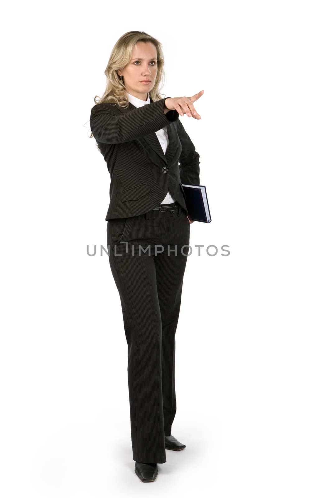 Businesswoman with book holding in hand on white background