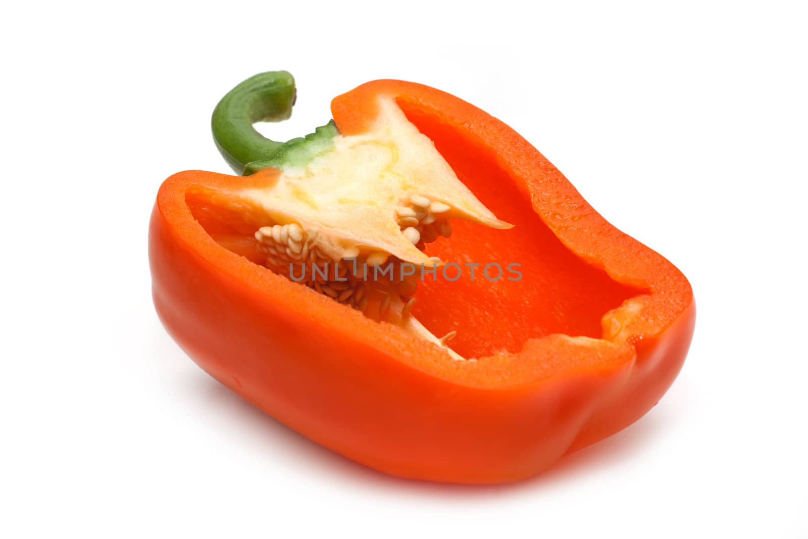 Cut fifty-fifty orange bulgarian pepper insulated on white background