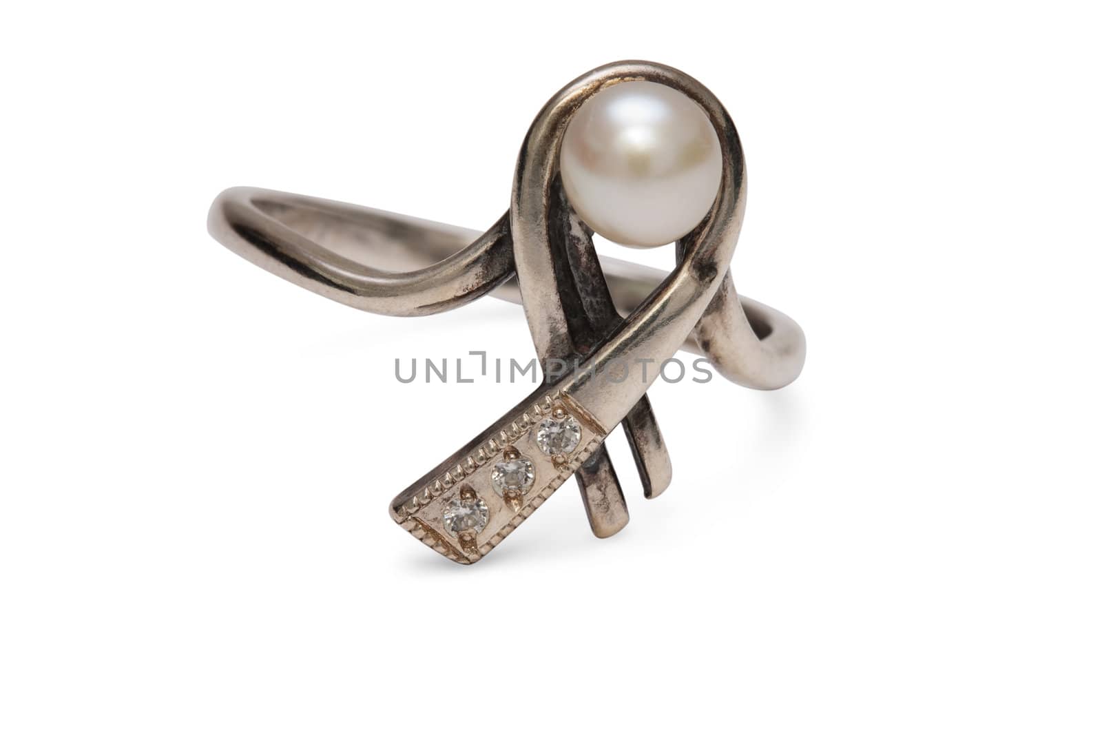 Silver Finger Ring with Pearl and Diamonds isolated on the white background