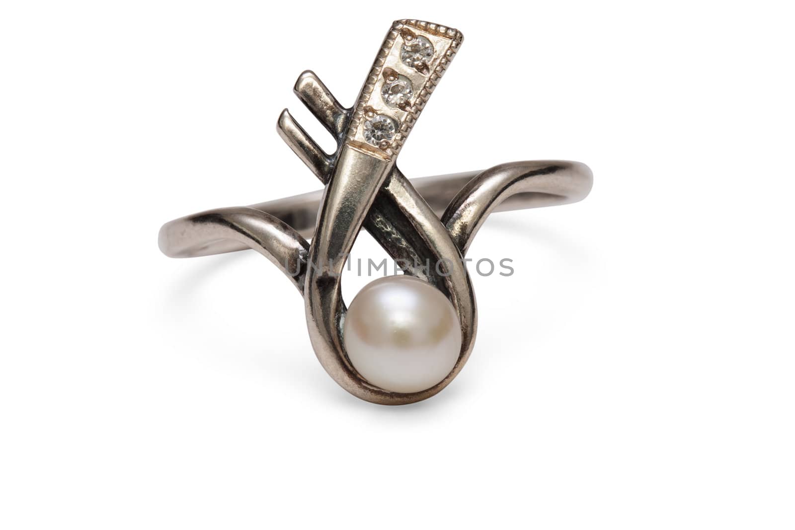 Silver Finger Ring with Pearl and Diamonds isolated on the white background
