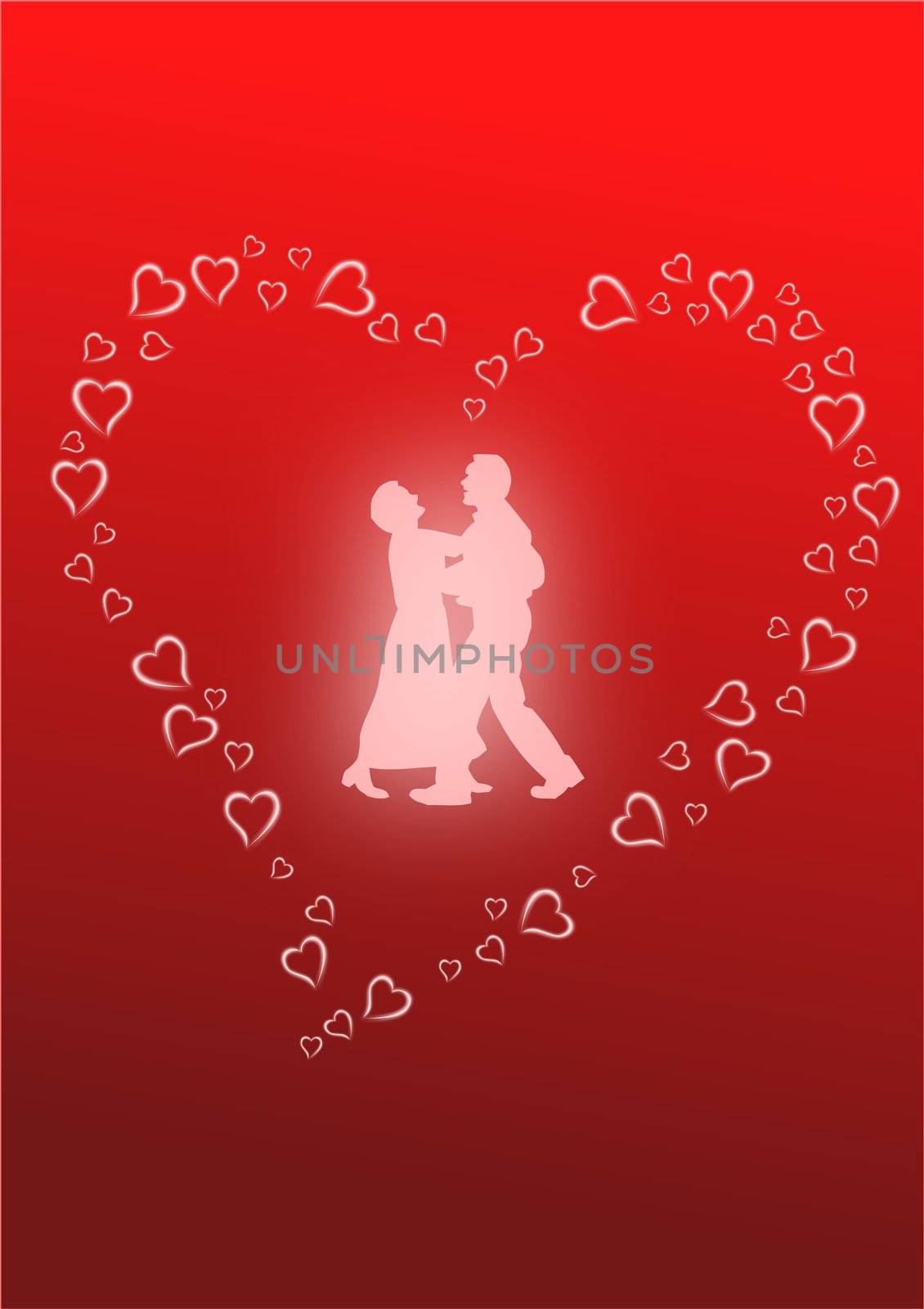 A pair of lovers dancing as glowing silhouettes against a red and black flourish background.