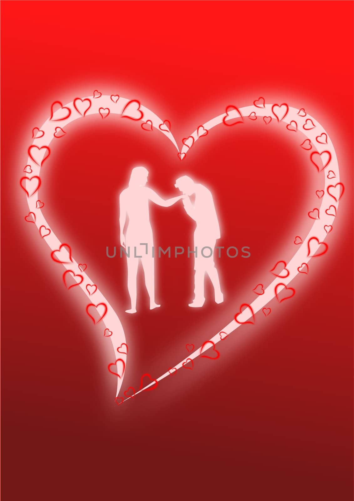 A pair of lovers dancing as glowing silhouettes against glowing heart.