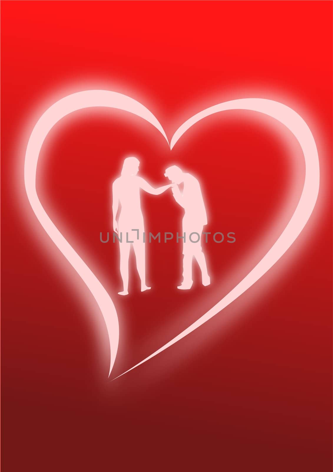 A silhouette of a man kissing a woman’s hand framed in an abstract heart.