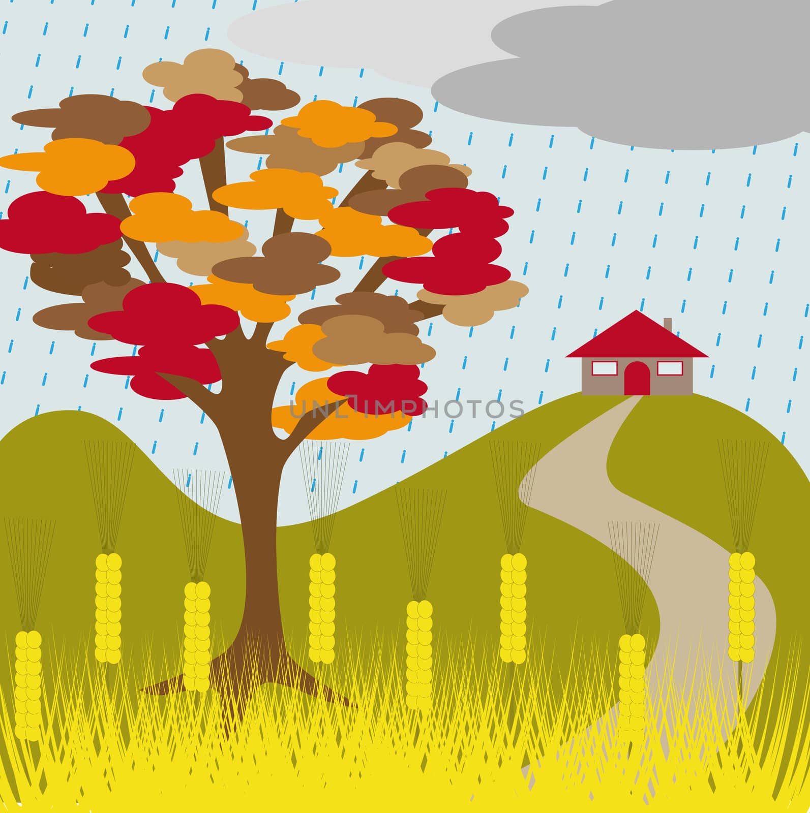 autumn tree and house on a hill with wheat and rain